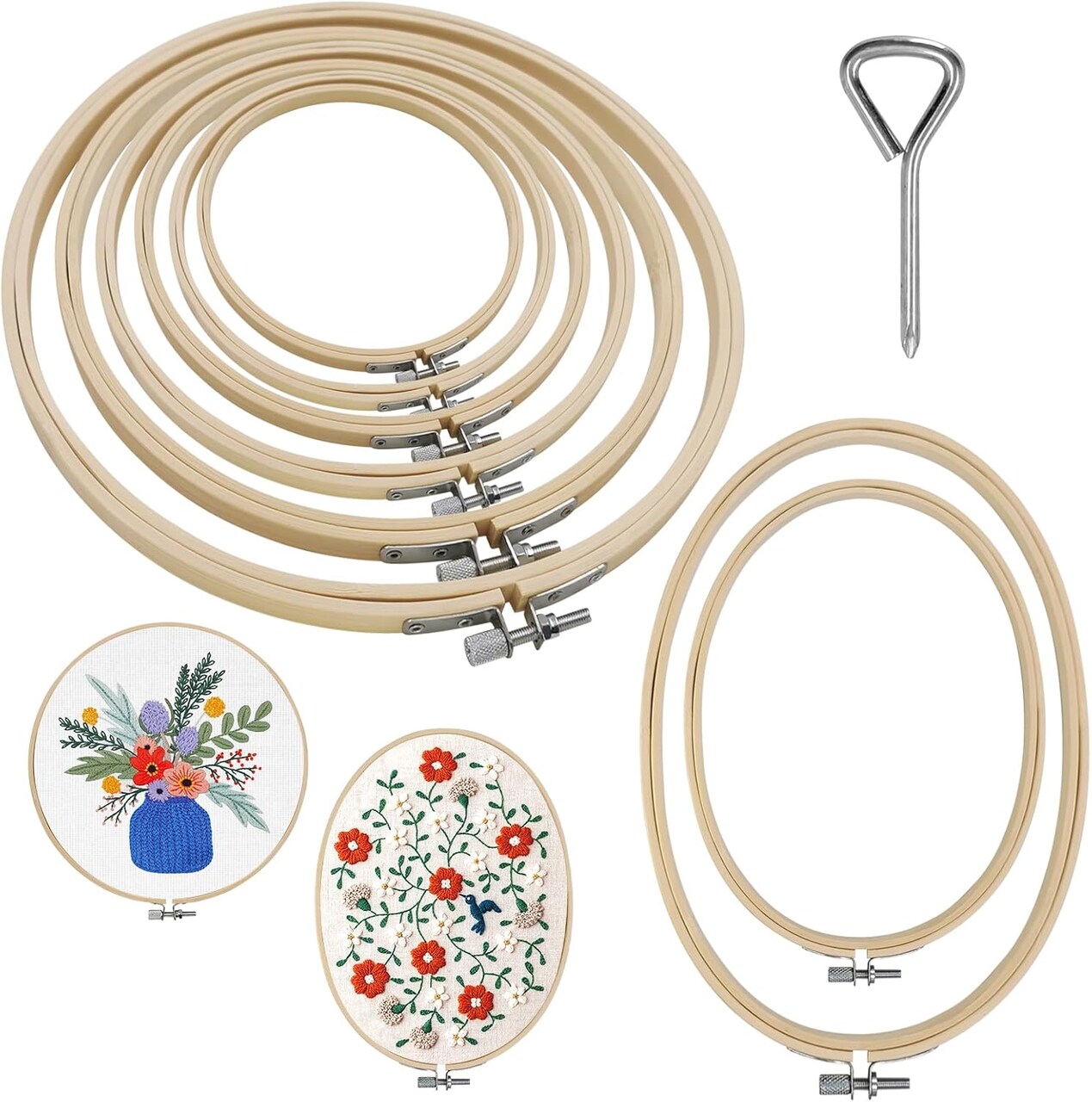 8 Pcs 8 Sizes Round+Oval Embroidery Hoops Set,8cm to 26cm with 1 pcs Screwdriver